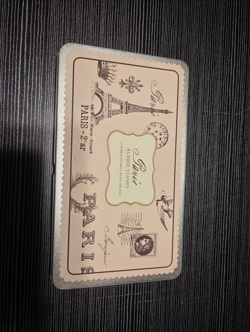 NEW Sealed Cavallini & Co Paris Wood Rubber Stamp Set Tin